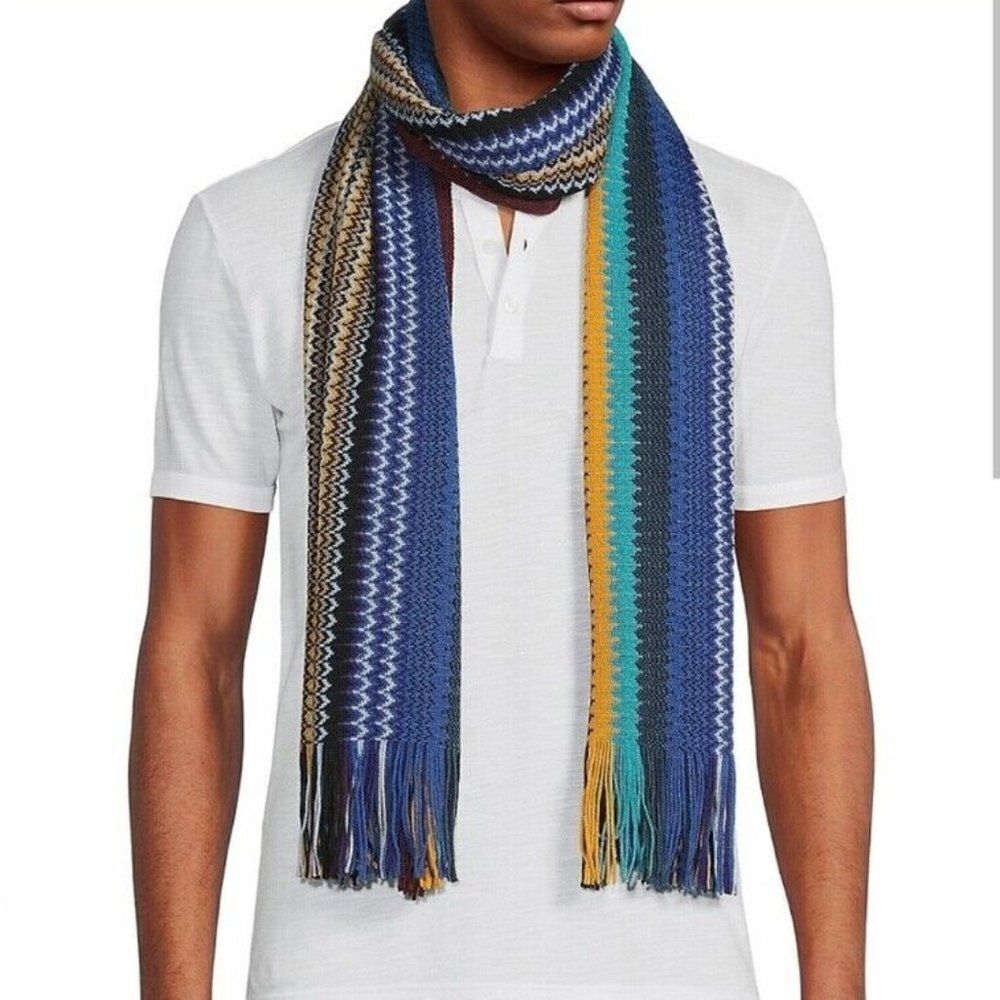 Missoni Knit Zigzag Scarf Italian Made Wool Blend Blue Multicolor Fringe Scarf